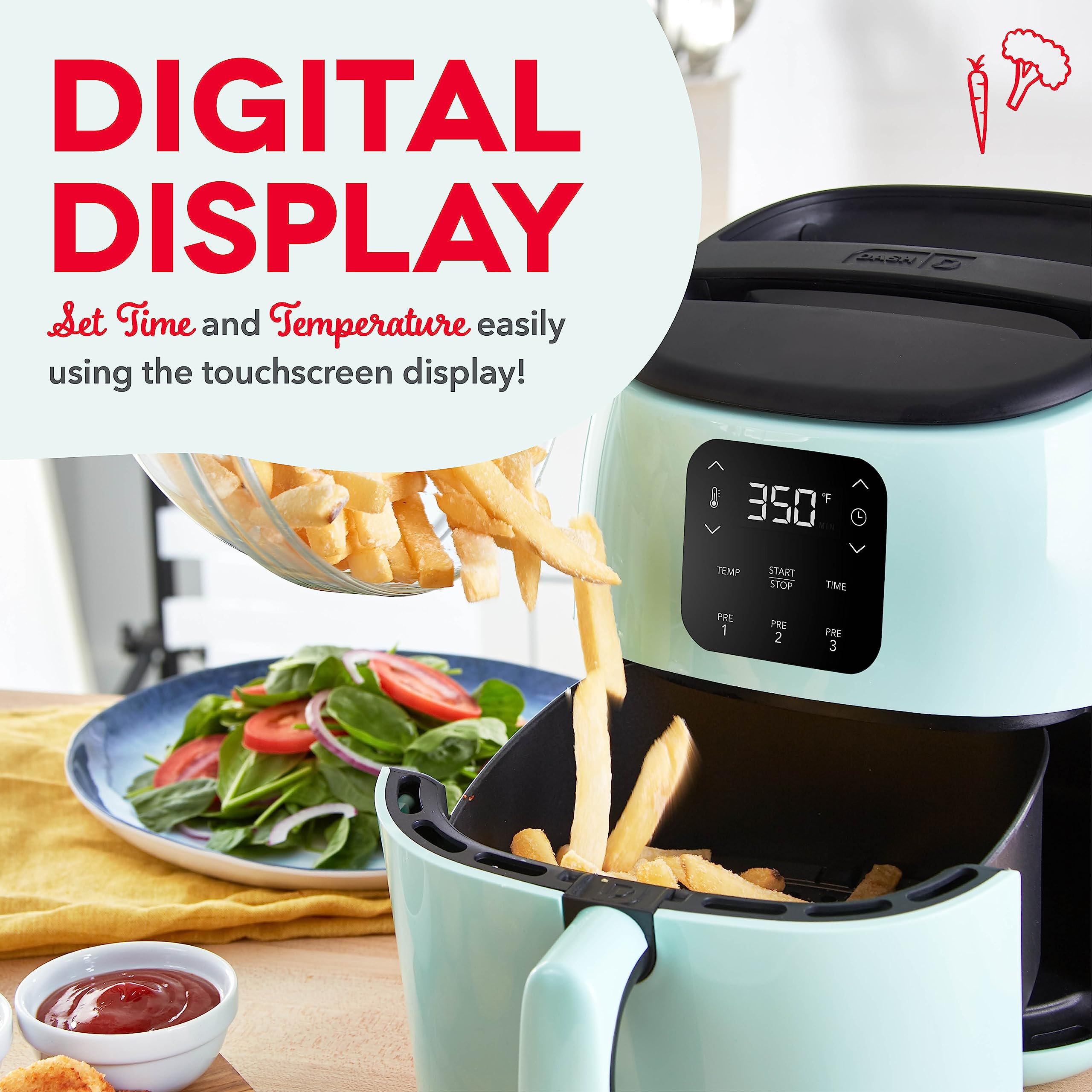 Dash Tasti-Crisp Electric Air Fryer Oven, 2.6 Qt., Aqua - Compact Air Fryer For Healthier Food In Minutes, Ideal For Small Space